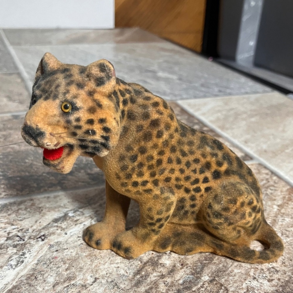 Vintage Flocked Leopard Figurine Sitting Big Cat Spotted Fuzzy 5 Inch Tan Black